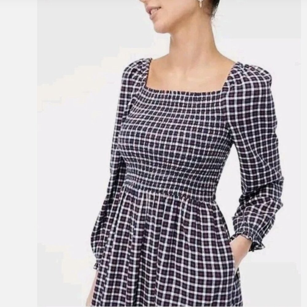 J Crew Plaid Check Cotton Flannel Long Sleeve Smocked Midi Dress XL NWT